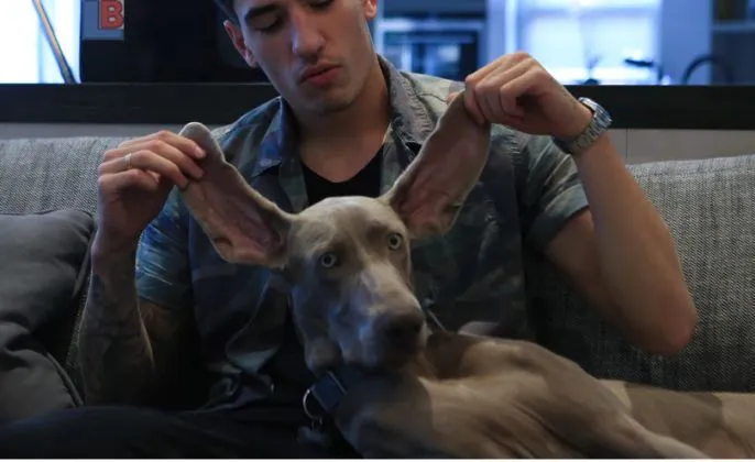 Hector and his dog who shows a rapt attention to a movie.