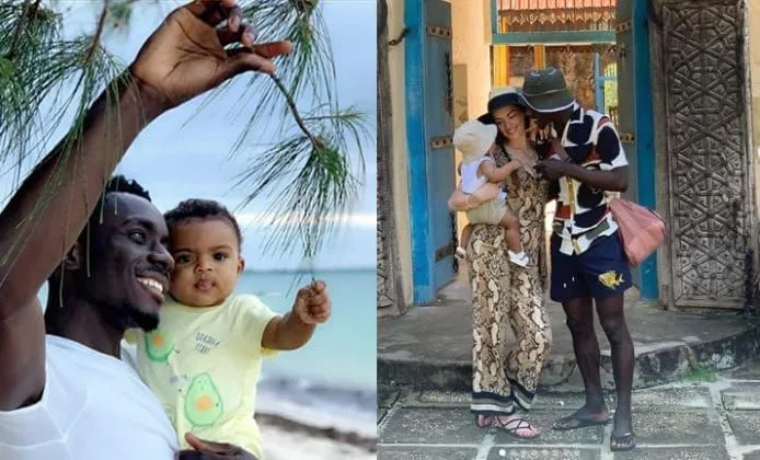 Photos of Idrissa Gueye with wife Pauline and son Isaac.