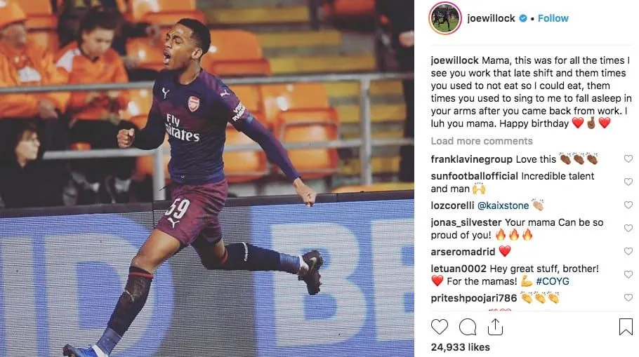 Joe Willock dedicated Goal to his Mum in a sweet message which attracted more than 24K likes.