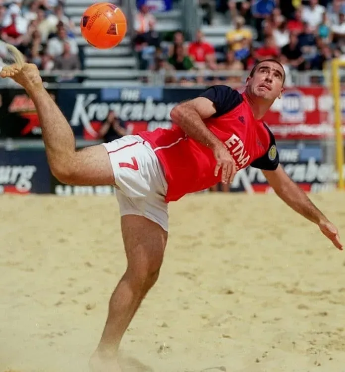 Eric Cantona loves playing beach soccer. Image Credit: Pinterest.