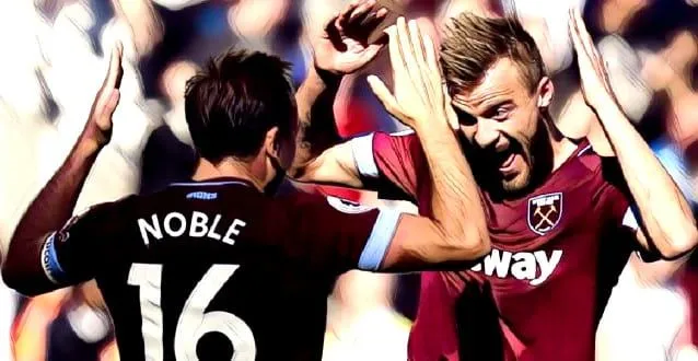 Andriy Yarmolenko celebrates westham's victory with Mark Noble. Credit to TheFootballFaithful