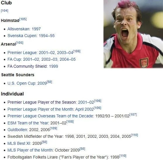 Freddie Ljungberg Club and Individual Honours. Credits: Wikipedia and ArsenalNews
