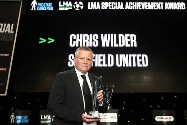 Chris Wilder holding on to his LMA Manager of the Year- 2018&ndash;19 award. Image Credit: DailyMail