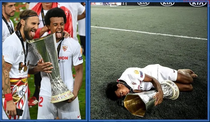 C'est Jules Kounde célébrant le moment du trophée. Dans une autre photo, il a insisté pour dormir avec la Coupe.