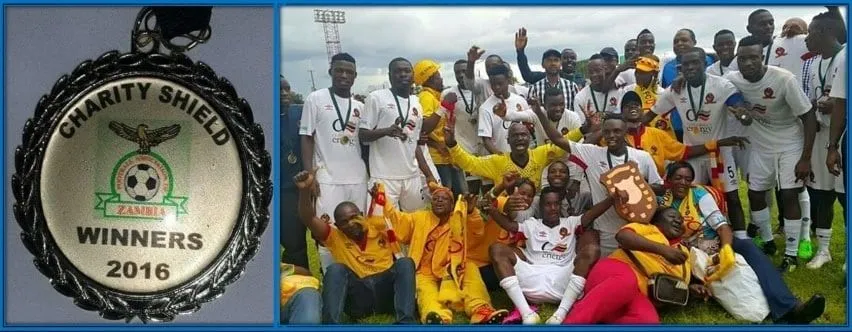 Patson Daka Charity Shield celebration with his team.