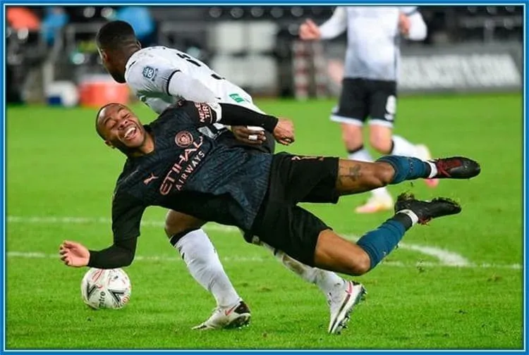 Raheem Sterling ran through on goal until he met Guehi, who bullied him in a WWE style.
