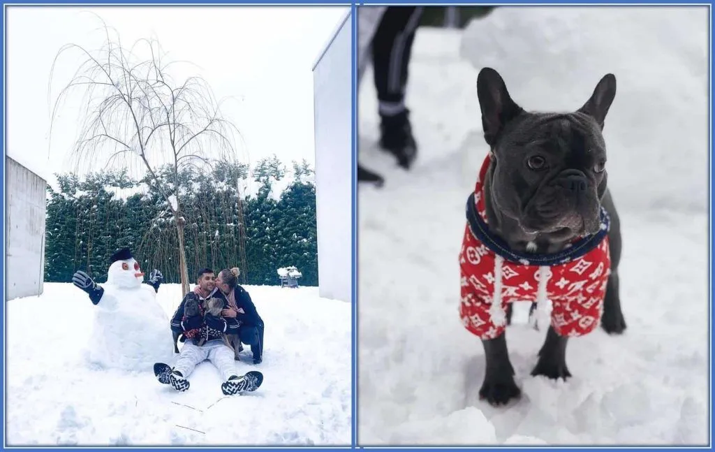 Here is how he has a good time with his dog and wife in the winter.