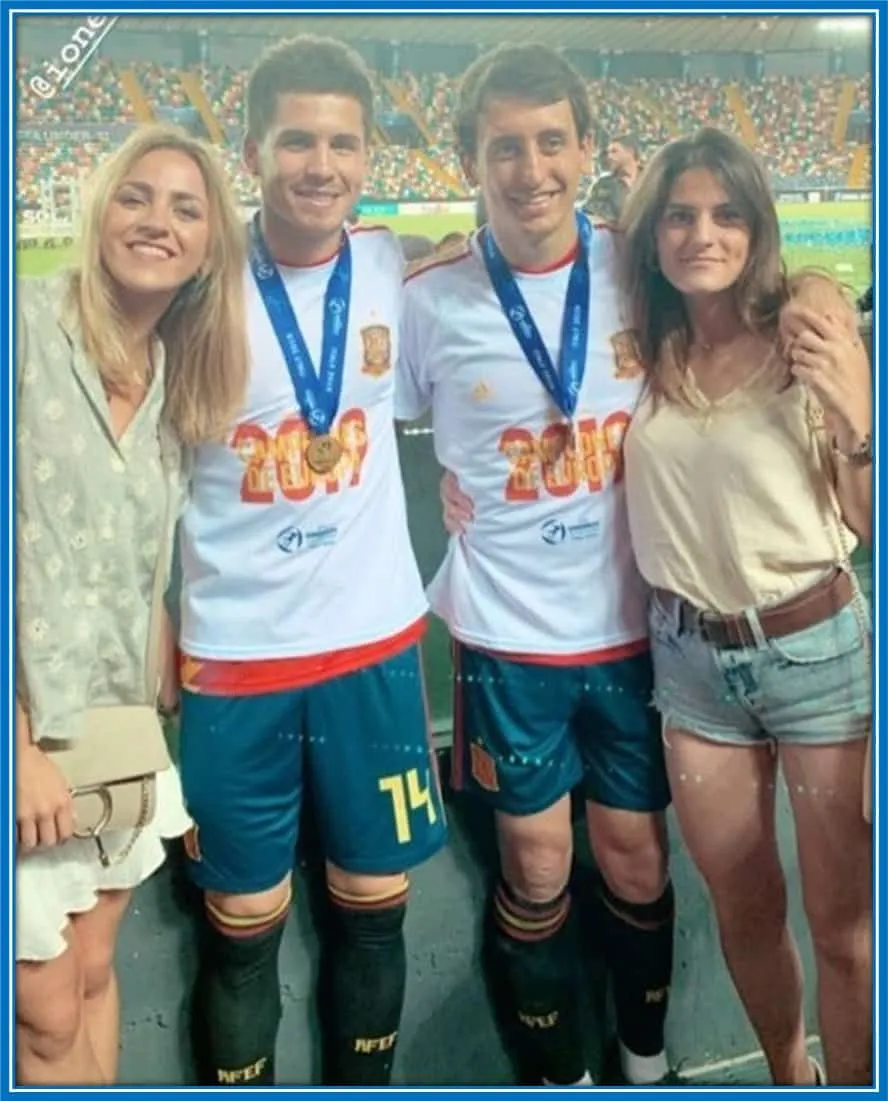 Igor Zubeldia (mid-right) and Mikel Oyarzabal (mid-left) pictured celebrating with their girlfriends - Ione and Ainhoa - after Spain&rsquo;s victory at the UEFA Euro U21 tournament.