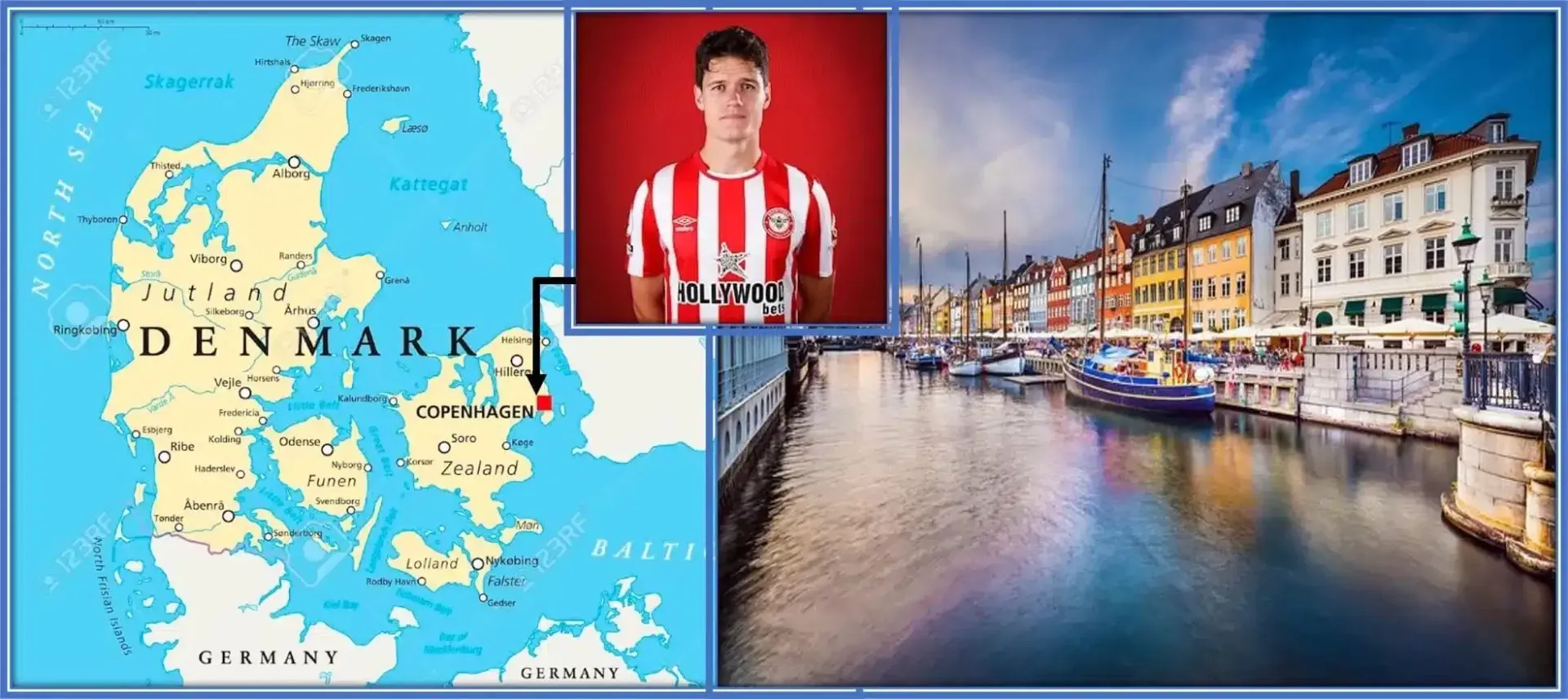 The map shows the location of his place of Origin. On the other side, you can see a beautiful display of Copenhagen's canal system.