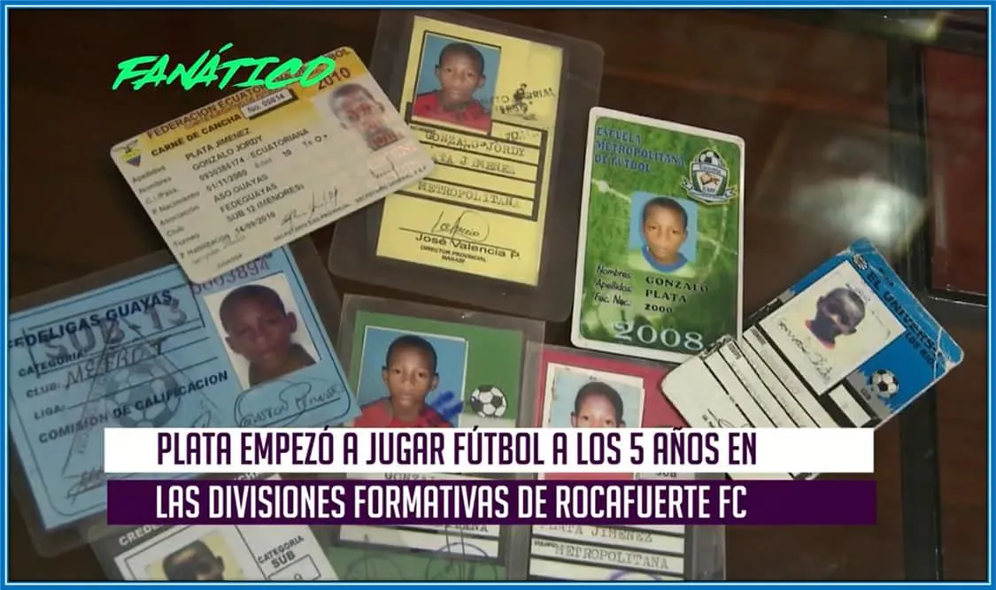 These ID cards tells a story about Gonzalo Plata's football journey.