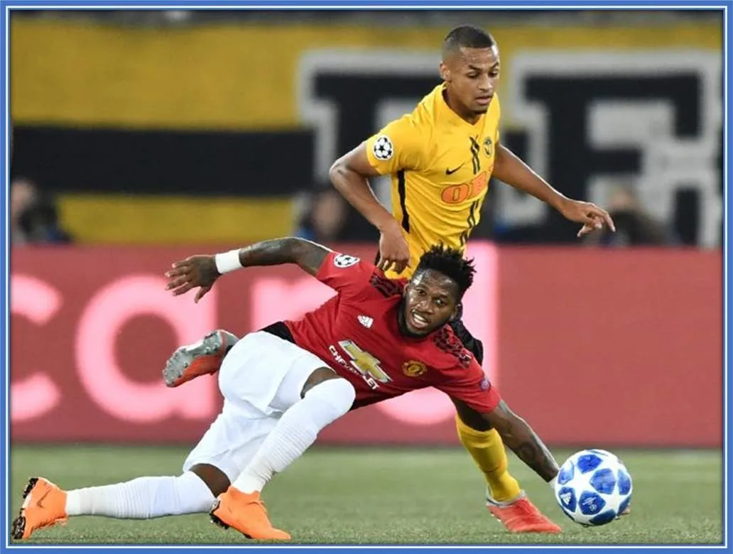 Here, the Young Boys Swiss midfielder appeared to have won the fight for the ball with Fred