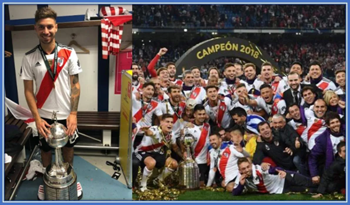Here, Gonzalo celebrates the Copa Libertadores trophy with his team.