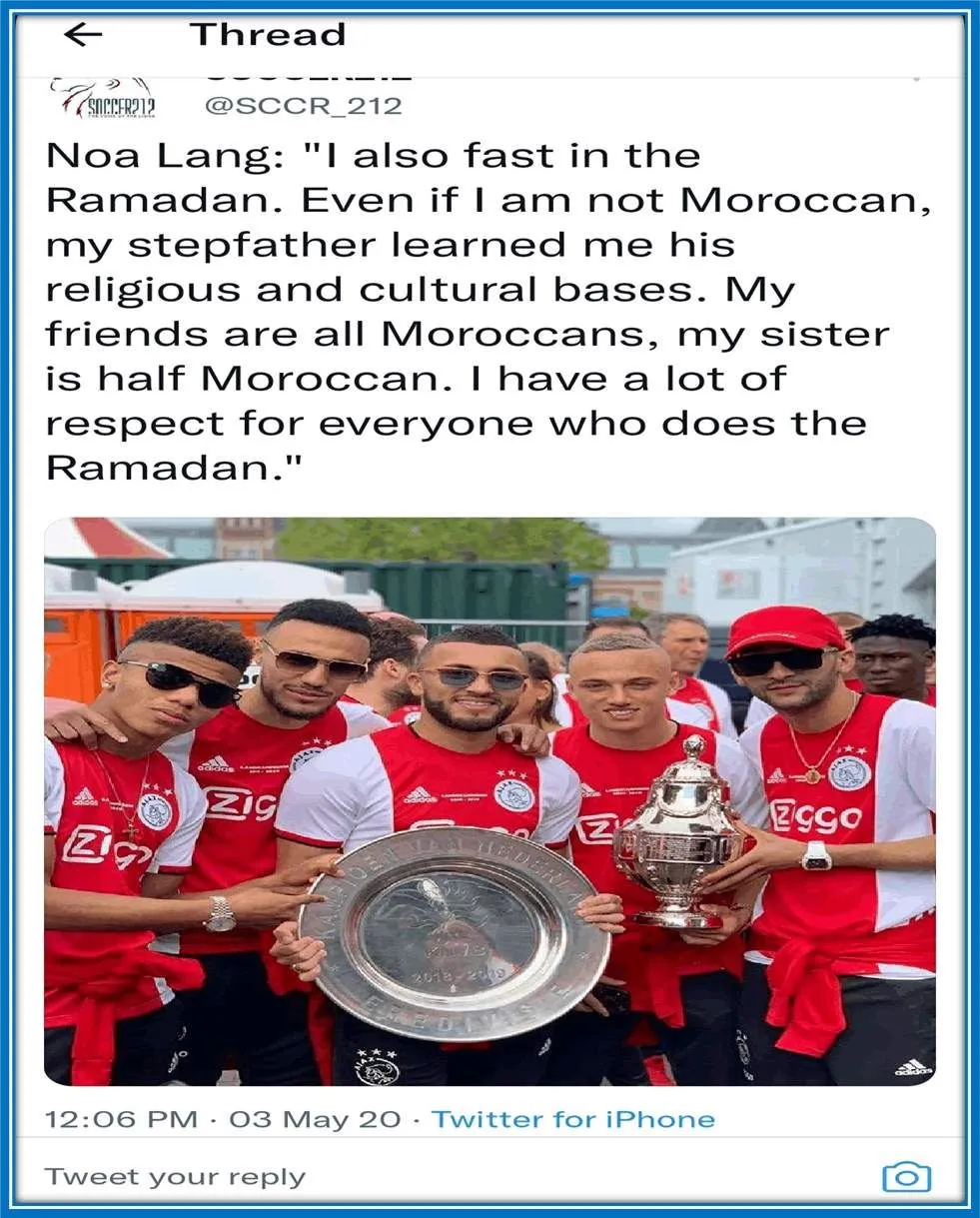 Noa Lang's post during Ramadan fast on Twitter.