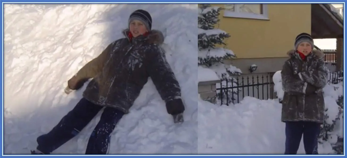 The future Polish professional midfielder appeared very relaxed, beside his family home, in what looked like an extreme snow condition.