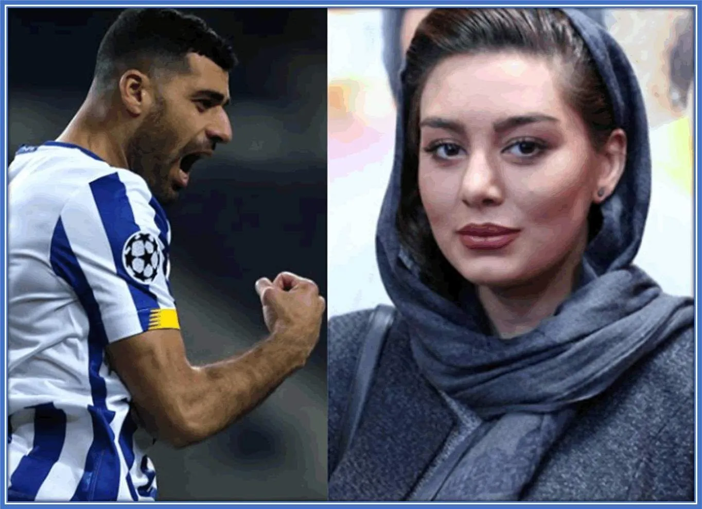 A photo mix of Mehdi Taremi and Sahar Ghoreishi.