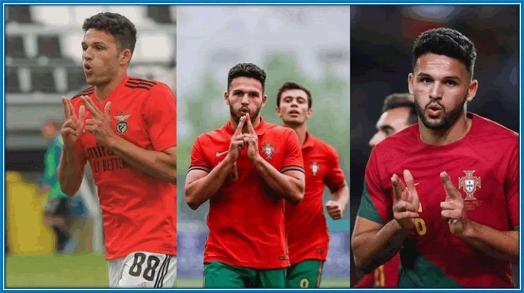 An array of Goncalo Ramos pistol-like signs with his hands as his unique goal celebration style.