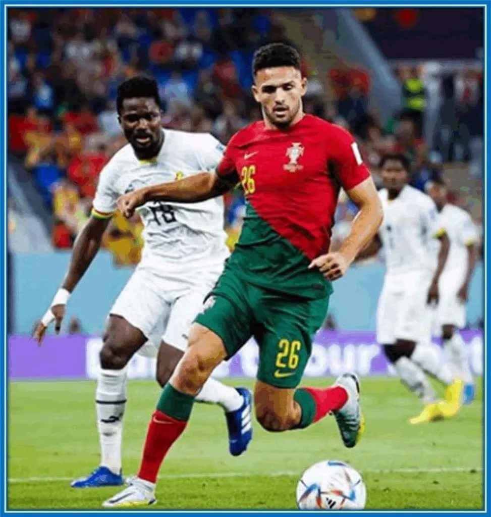 With either foot, he holds up the ball' acting as his team's focal point in attack.
