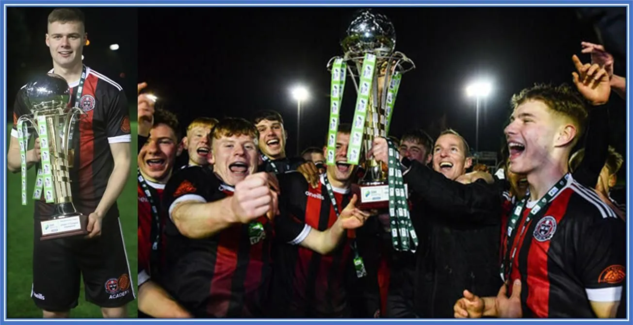 Young Evan was pictured celebrating the League of Ireland trophy after helping his club to beat Shamrock Rovers (2–0) in the final.