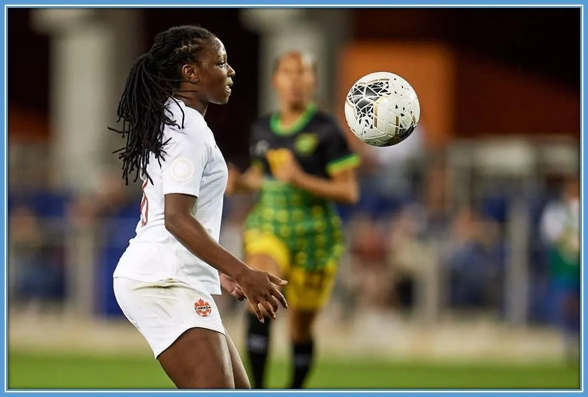 Deanne Rose handling the ball during tournament match betwwen Canada and Costa Rica.