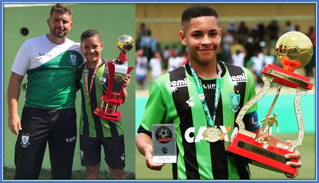 On the left, he helped Am&eacute;rica Mineiro win this trophy in July 2017. And on the right, Roque repeated the same trophy the following year (2018).