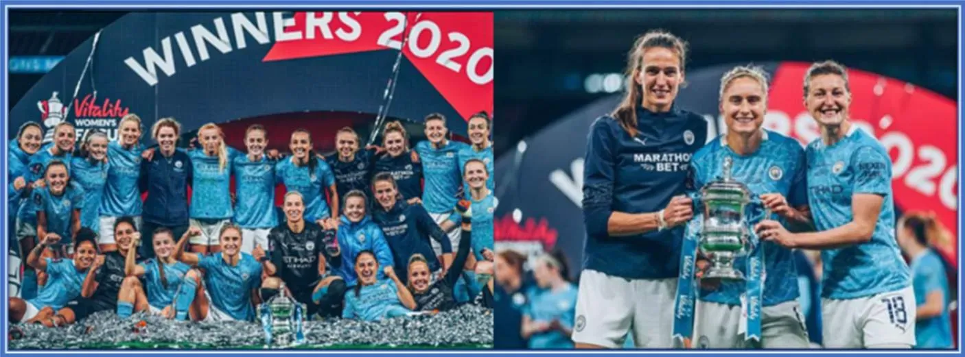 Manchester United Female team celebrating their FA Cup Championship.