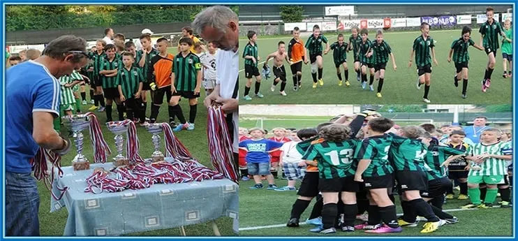 A moment of victory celebration! Sesko celebrates with his teammates as they prepare to lift their hard-earned trophies and collect their medals proudly.