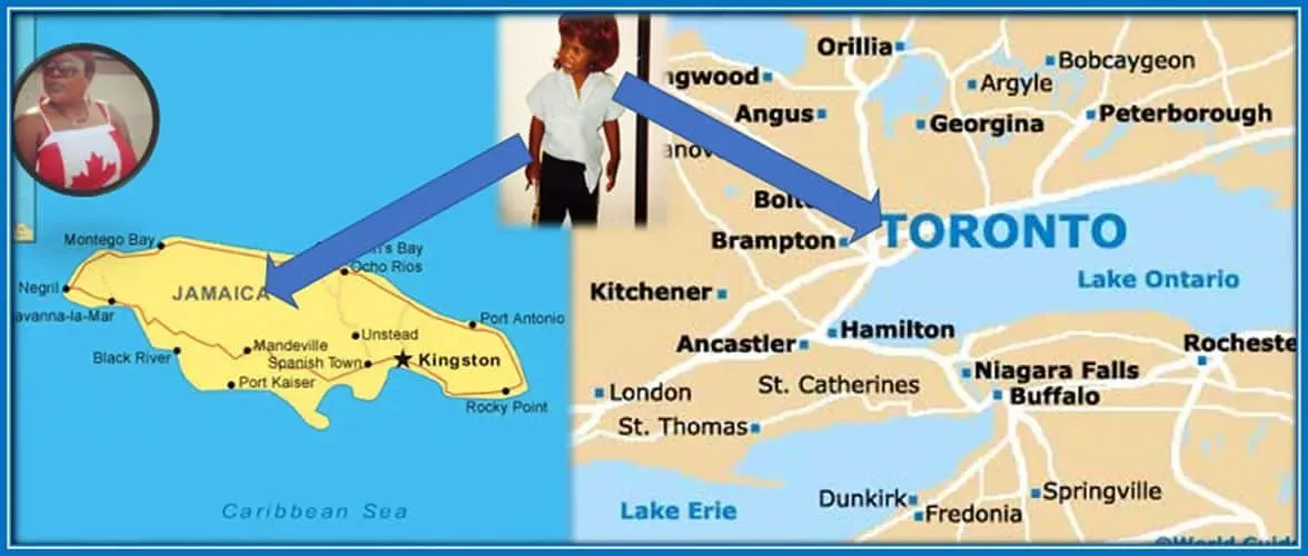 The map shows Kadeisha Buchanan's family Origins in Toronto and Jamaica.