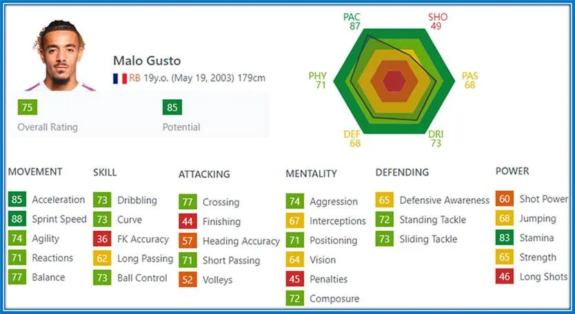 An 85 FIFA potential is a testament to his movement qualities, skill, stamina, and mentality - which he brings to the game. 