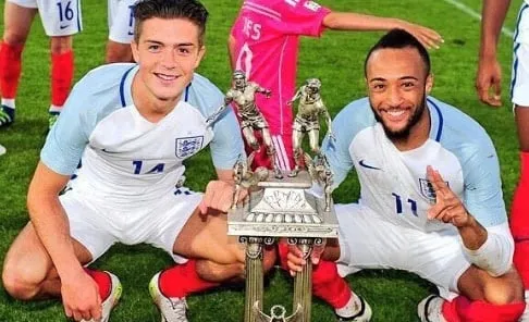 Jack Grealish celebrating the 2016 Toulon Tournament with a teammate.