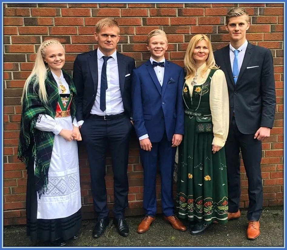 An old family photo of cherished memories: Meet the Haaland Family - Alf-Inge, Gry Marita, Erling, Gabrielle, and Astor - all united in love and happiness.