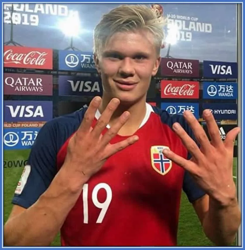 Erling Braut Haaland stretches his nine fingers. He scored nine goals to give Norway’s U20 team their biggest win in history.