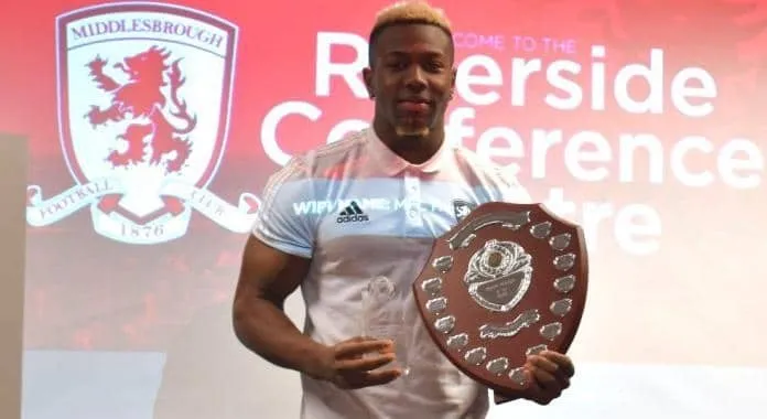 Adama Traore is pictured here posing with one of his Middlesbrough Award.