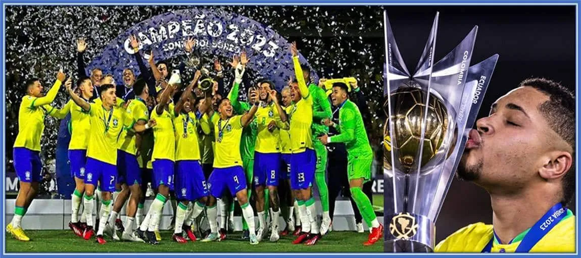 Rising Stars in Harmony: Vitor Roque and Andrey Santos Lead Brazil to Victory at the 2023 South American U-20 Championship, Sharing Golden Boot Glory.
