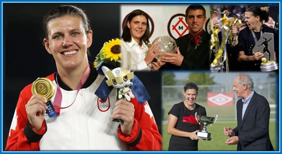 A Summary of Christine Sinclair's football career. Her trophy case is filled with various honors.