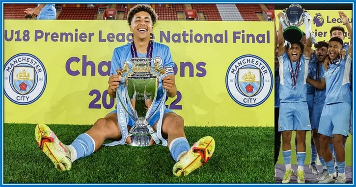 All smiles for the Thai boxer turned footballer. Rico Lewis beams with pride in this photo as he holds the U18 Premier League Champions trophy.