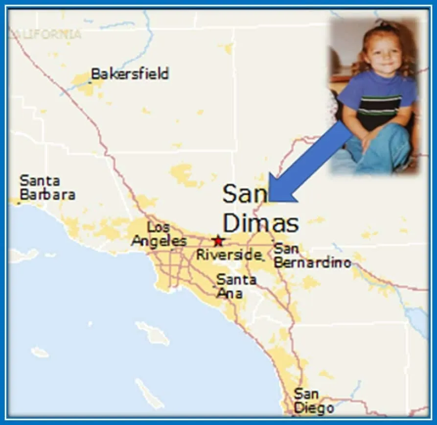 The map shows Ashley Hatch's Family Origin in San Dimas.