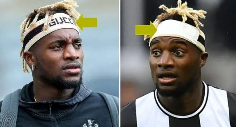 Allan Saint-Maximin is forced to cover his £180 Gucci headband when he plays on the pitch. Image Credit: TheSun