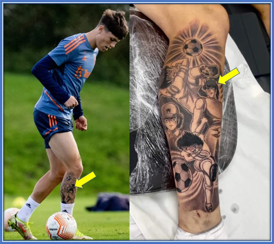Garnacho's right leg proudly displays a Captain Tsubasa tattoo, a nostalgic nod to his favorite childhood cartoon from his days in Madrid.