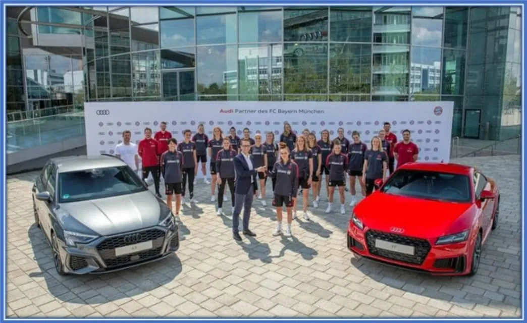 Meet Bayern Munich female team with Audi partners. Most significantly, meet Lea Schuller and her new Audi red car.