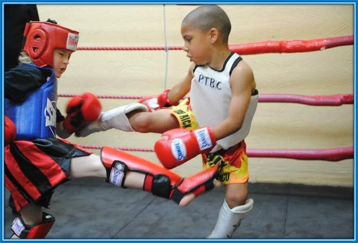 From the right side, a young Rico Lewis is pictured delivering kicks - during his early Thai kick-boxing d