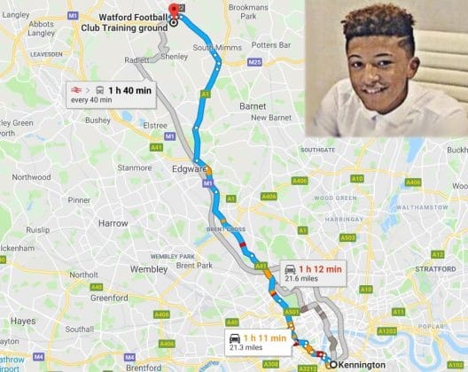 A map tracing Jadon Sancho's incredible journey as a young footballer.