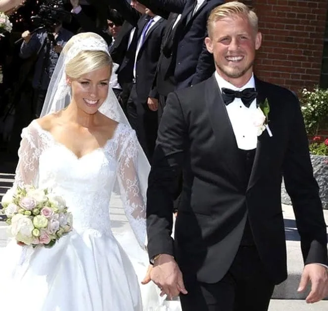 Kasper Schmeichel is pictured together with his wife on their wedding day.