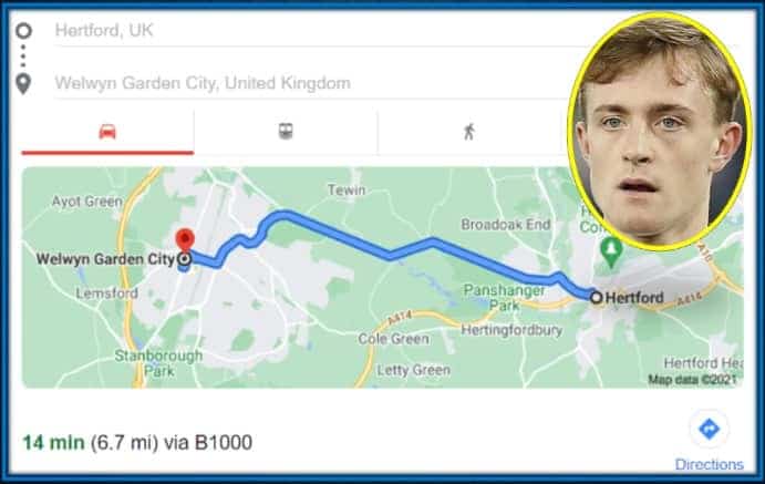 Oliver Skipp's family home is approximately a 14-minute drive to his school in Hertford.