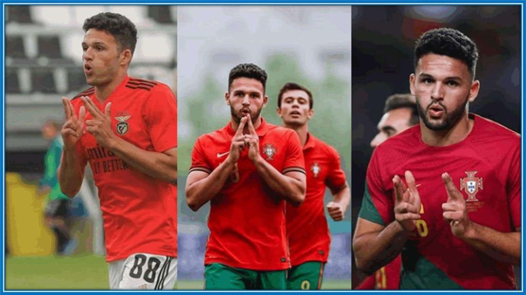 An array of Goncalo Ramos pistol-like signs with his hands as his unique goal celebration style.