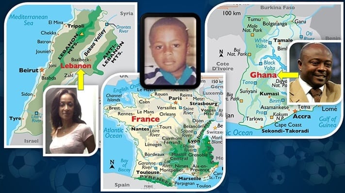 This map portrays Andre Ayew Ancestry - as seen from his birth country (France), Mother's Family Origin (Lebanon) and Father's Family Origin (Ghana).
