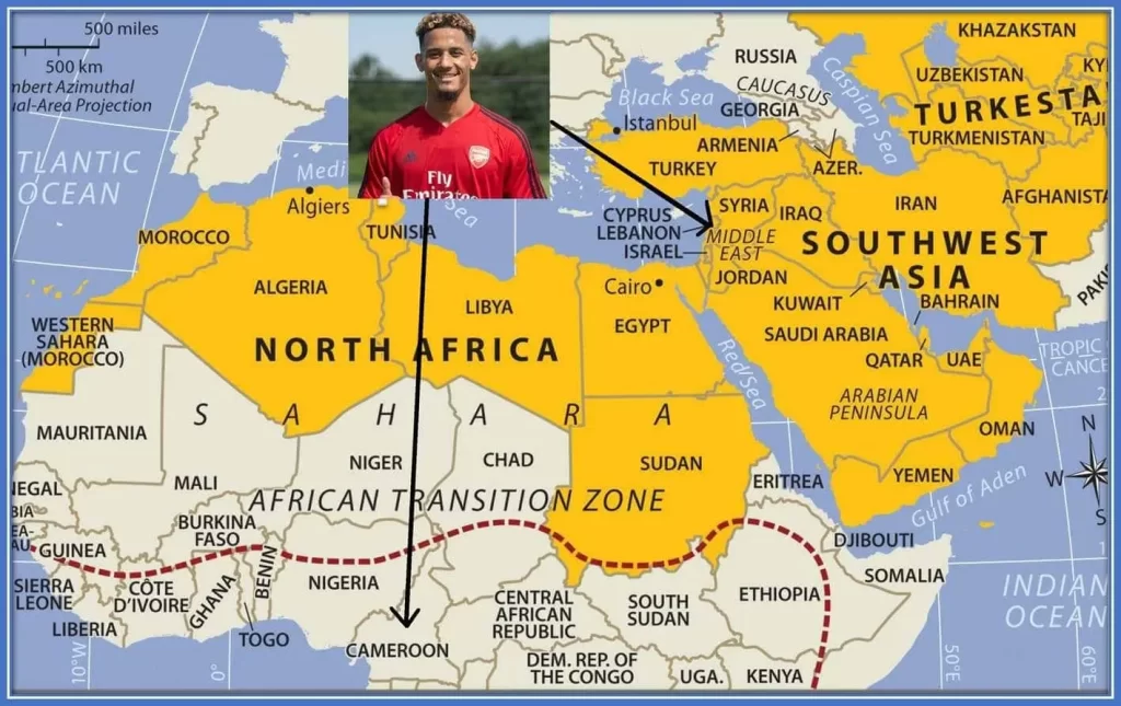 A map explaining William Saliba's family origin- from his father and mother's side.