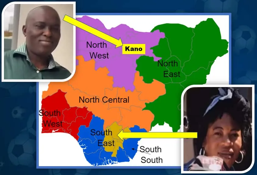 This map explains Chukwubuike Adamu Family Origin. His Father (Haruna) is from Kano State of Nigeria while his Mother (Jemima) is from the South-Eastern part of the Country.