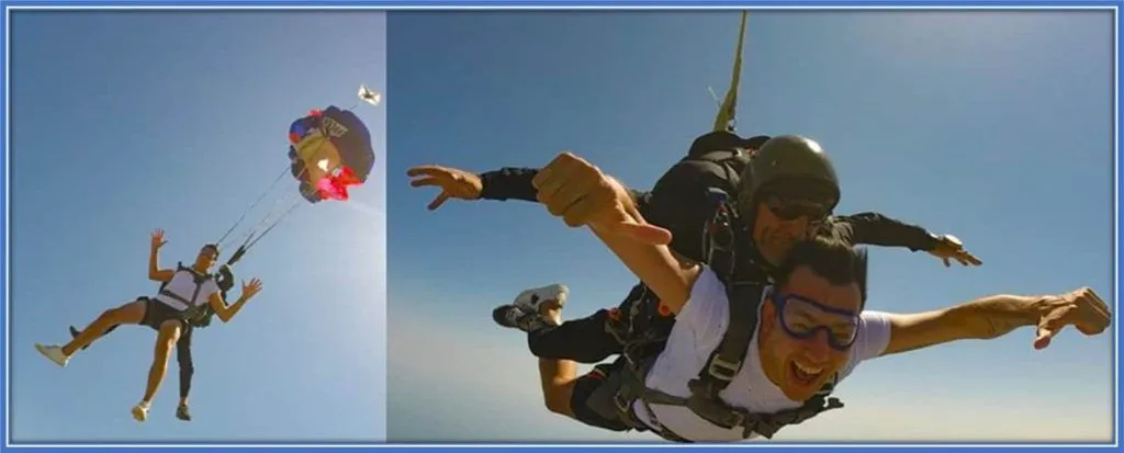 Embracing the thrill of freedom. Federico's adventurous spirit soars high as he indulges in one of his favorites - skydiving.