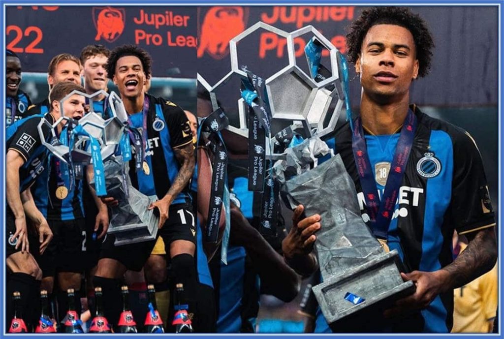 The Brampton star is pictured celebrating the Jupiler Pro League title.