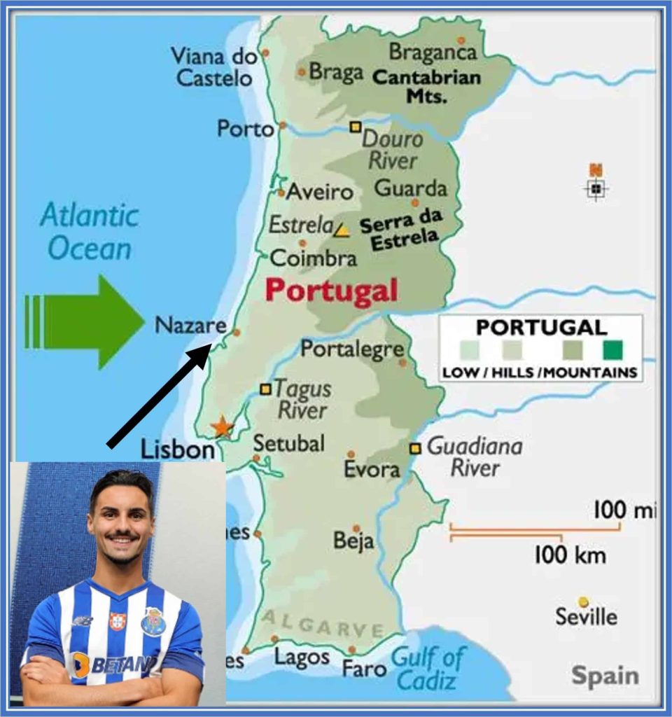 The map shows the location of Nazare (his place of origin), in Portugal.